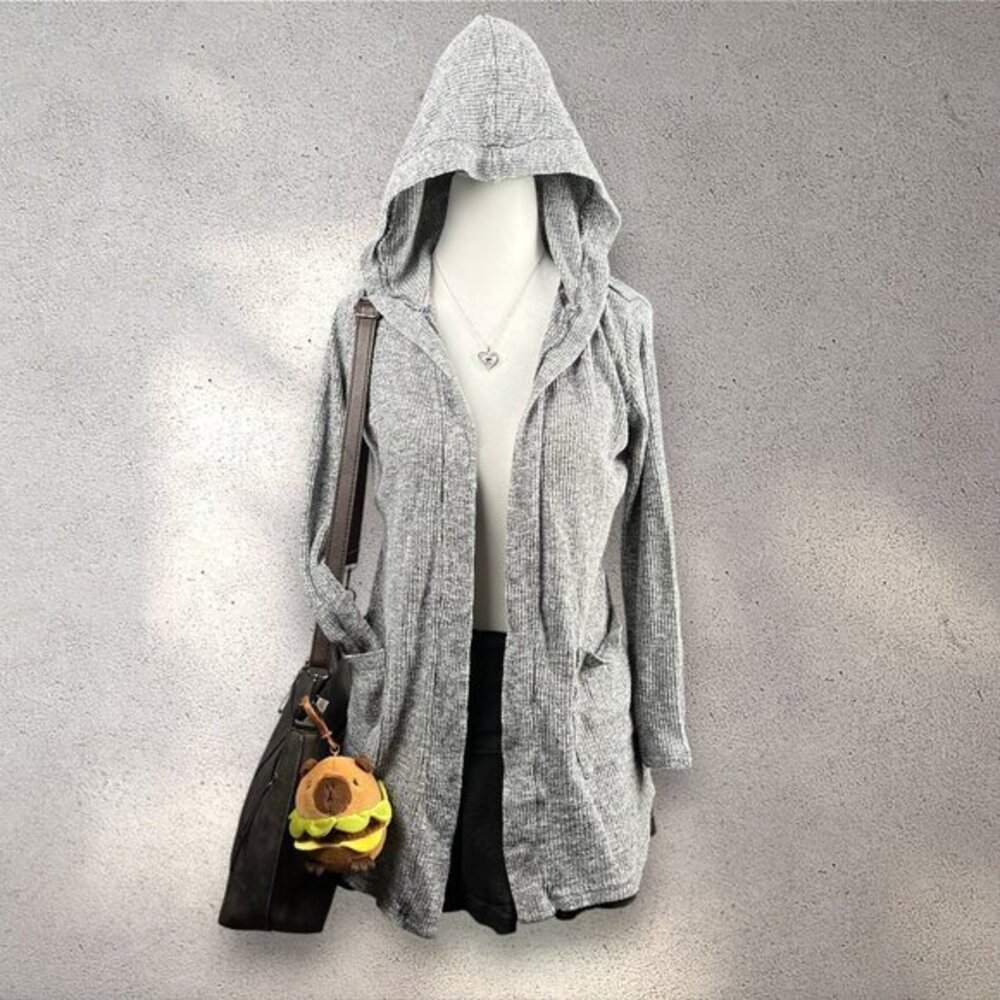 Haute Monde Ribbed Cardigan Womens S Gray Open Hood Y2K Twilight Grunge Academia